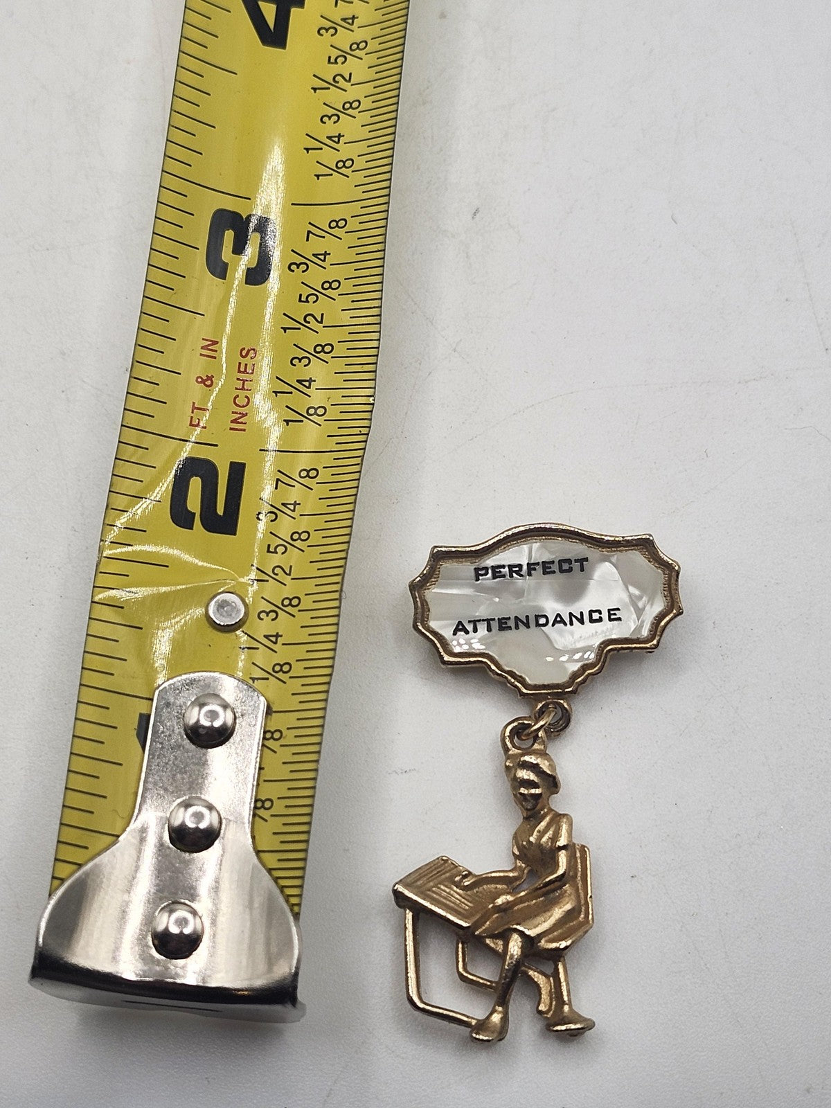 Vintage Perfect Attendance Award Pin Gold Tone Student At Desk School Jewelry