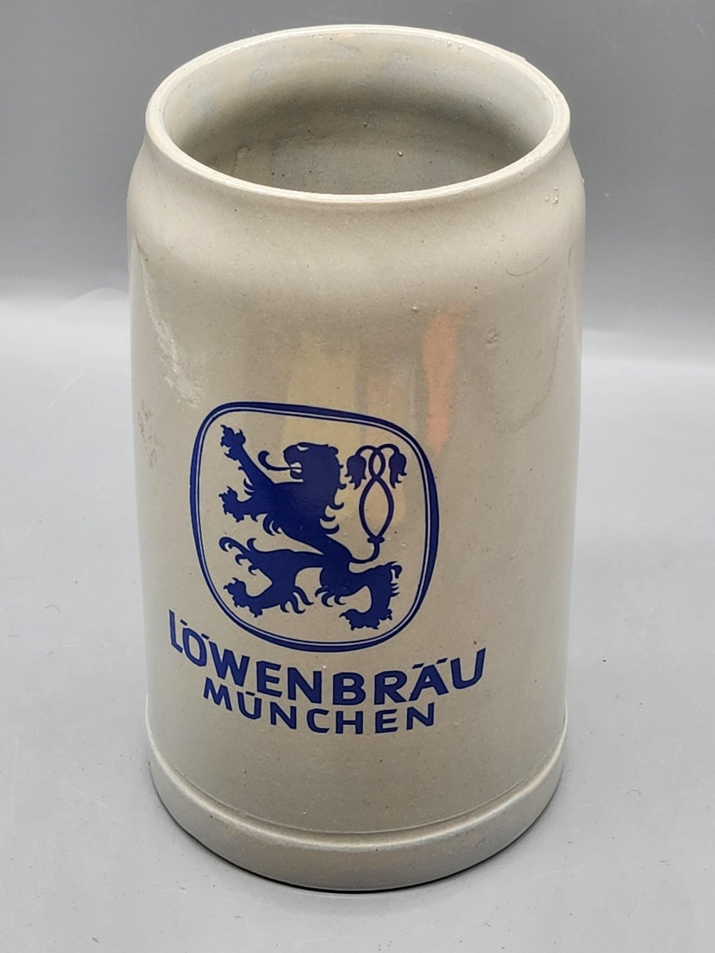 Vintage Lowenbrau Munchen Beer Mug 1L Gray Blue Stoneware Germany Breweriana