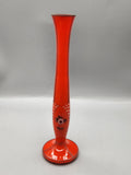 Vintage Czech Red Art Glass Bud Vase Hand Painted Floral 8” Bohemian Vase