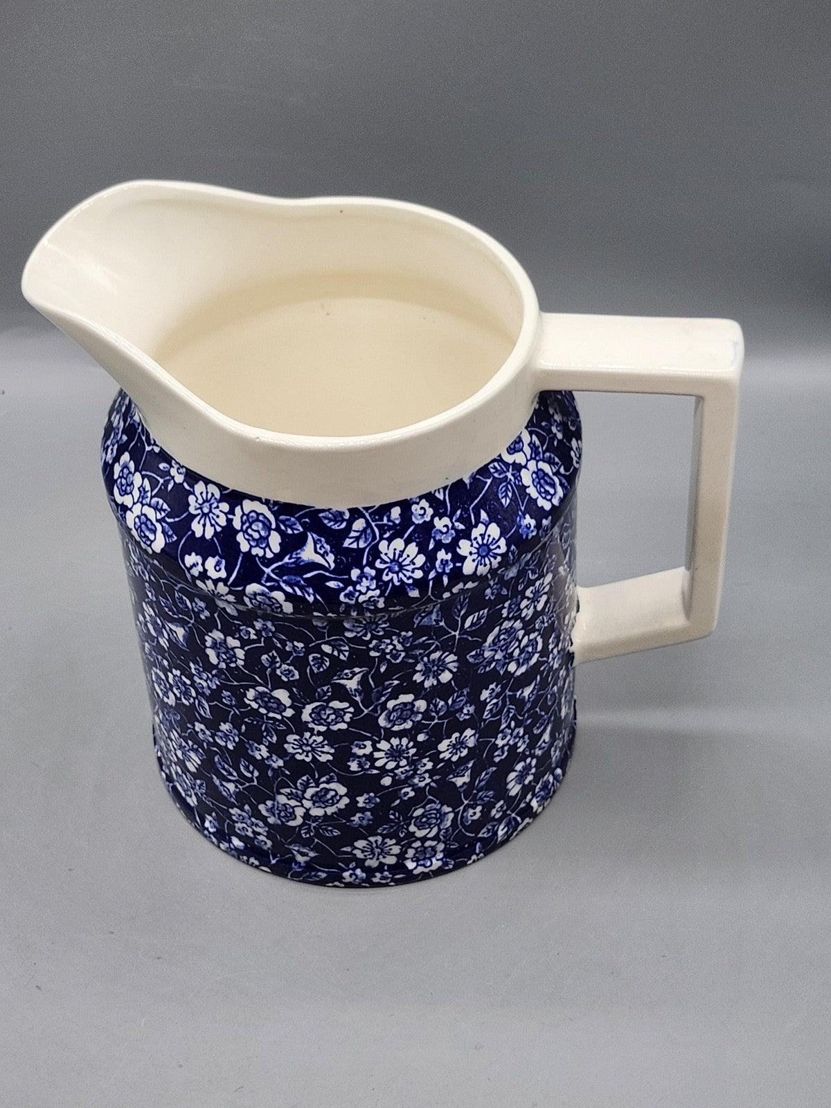 Colonial Calico Blue Floral Ceramic Pitcher Medium Glossy Handle Tabletop Decor