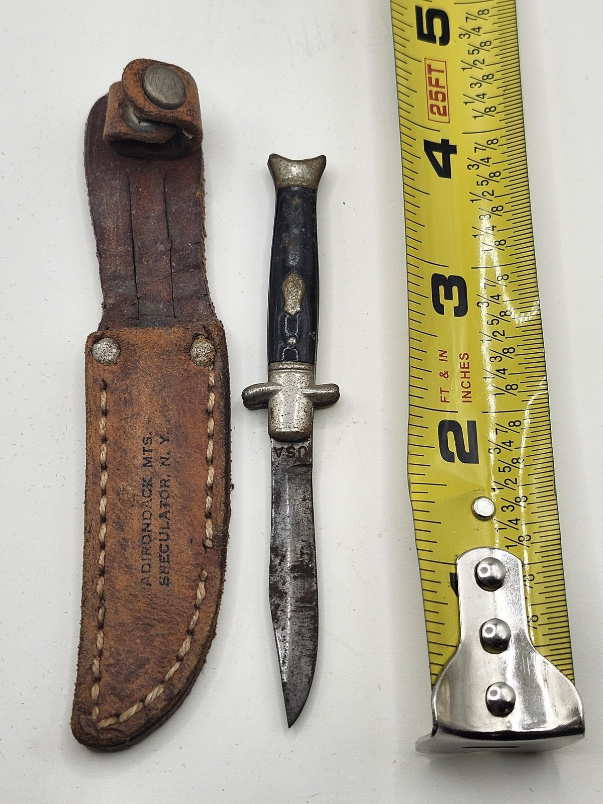 Vintage Mini Hunting Knife Fixed Blade Plastic Handle Brown Leather Sheath USA
