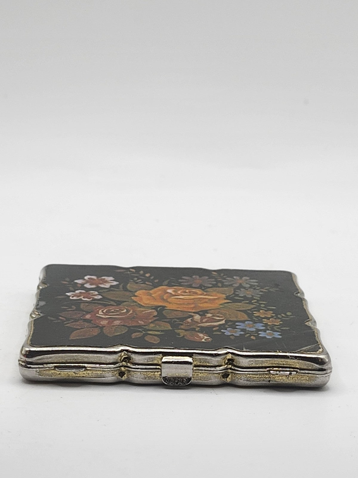 Vintage Japan Floral Compact Mirror Black Roses Gold Tone Makeup Purse Decor
