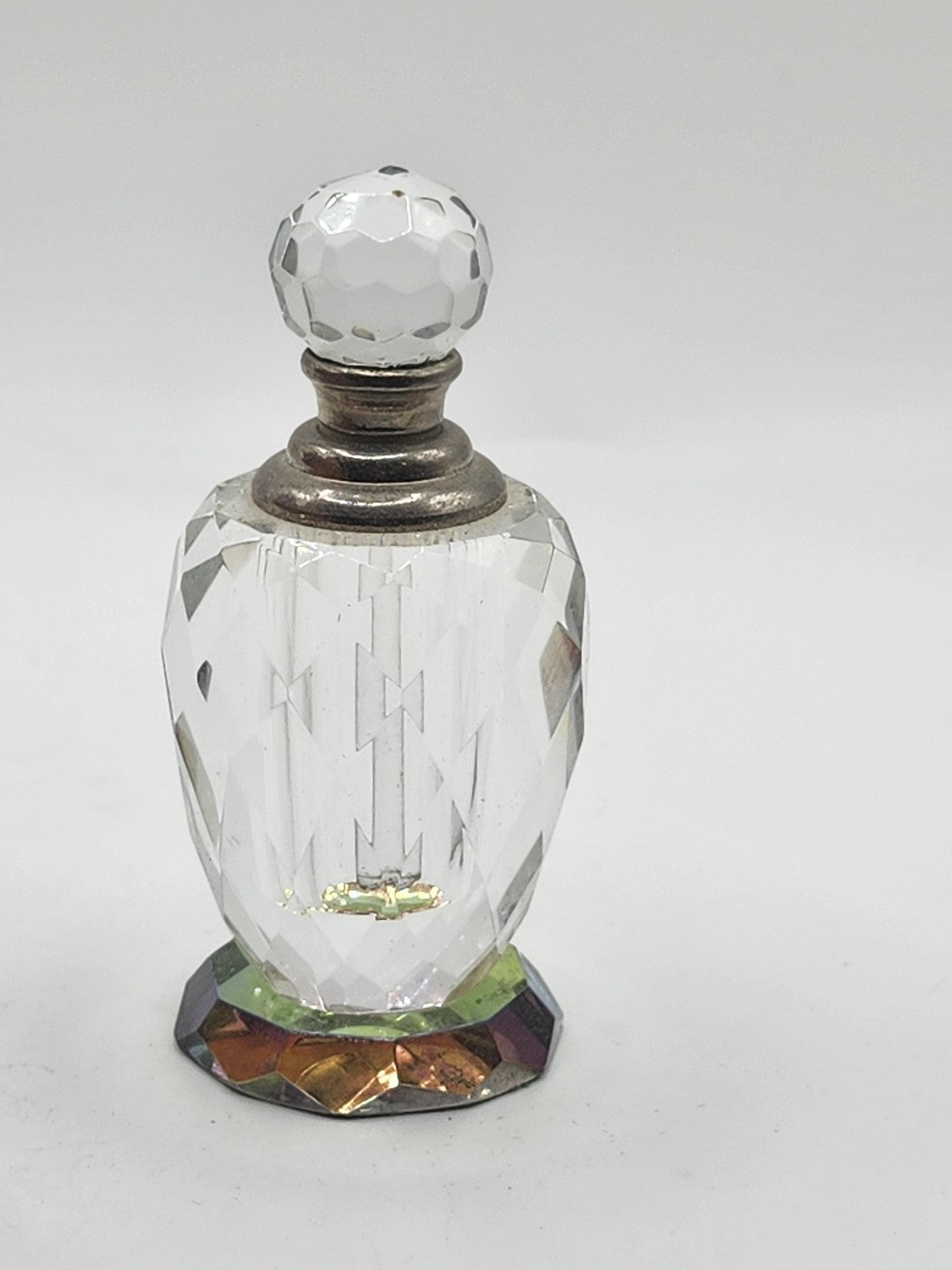 Vintage Clear Cut Glass Perfume Bottle Faceted Stopper Rainbow Base Vanity Decor