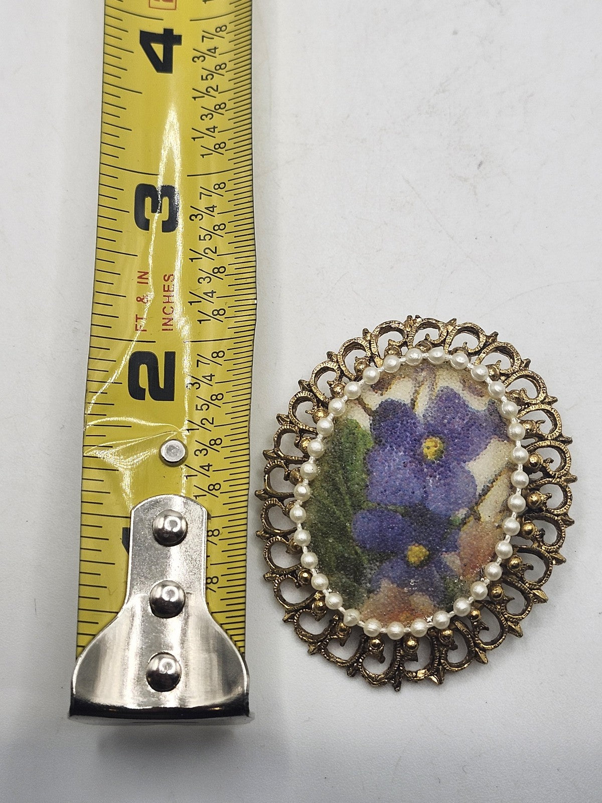 Floral Brooch Pendant Gold Tone Faux Pearl Frame Oval Multicolor Jewelry Gift