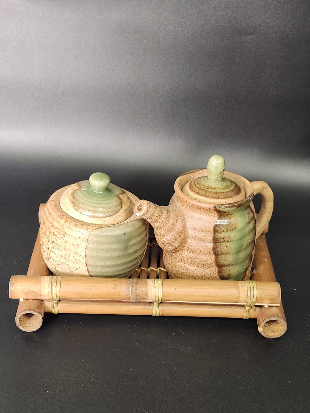 Stoneware Japanese Tea Set Brown Green Glaze Bamboo Tray Small Table Decor