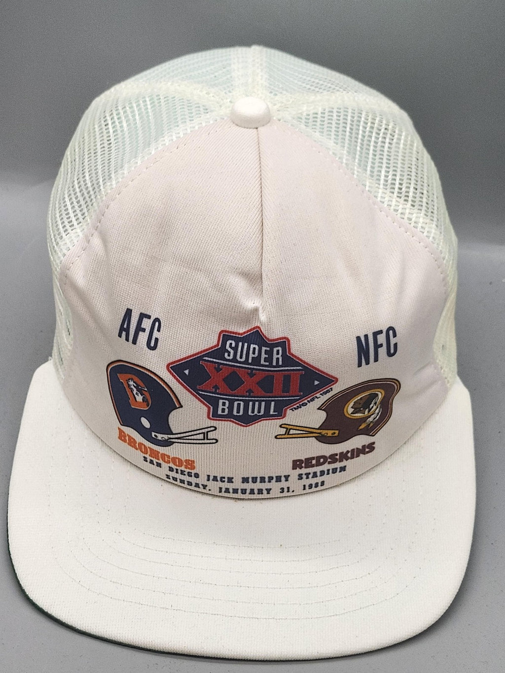 Vintage Super Bowl XXII Broncos Redskins Hat Cap Snap Back L White NFL New Era