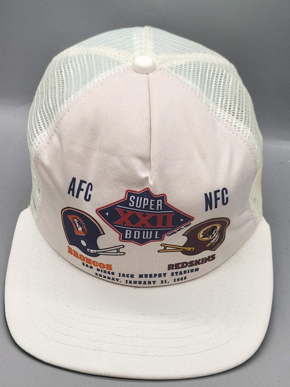 Vintage Super Bowl XXII Broncos Redskins Hat Cap Snap Back L White NFL New Era