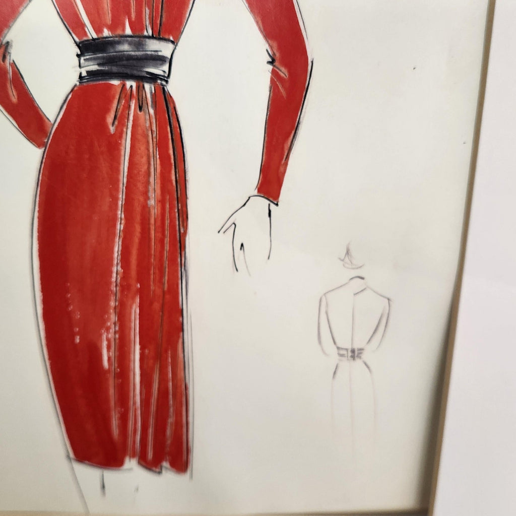 Fashion Woman Red Dress Original Ink Illustration Drawing Matted 14x11 Art