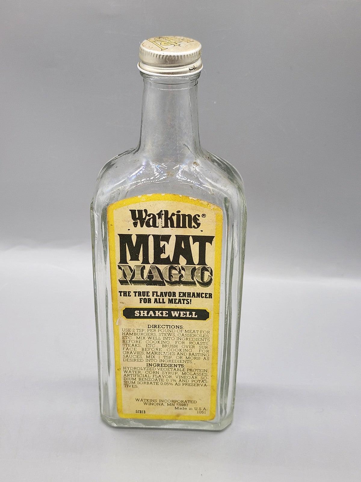 Vintage Watkins Meat Magic Glass Bottle w/ Original Cap Empty Advertising Jar
