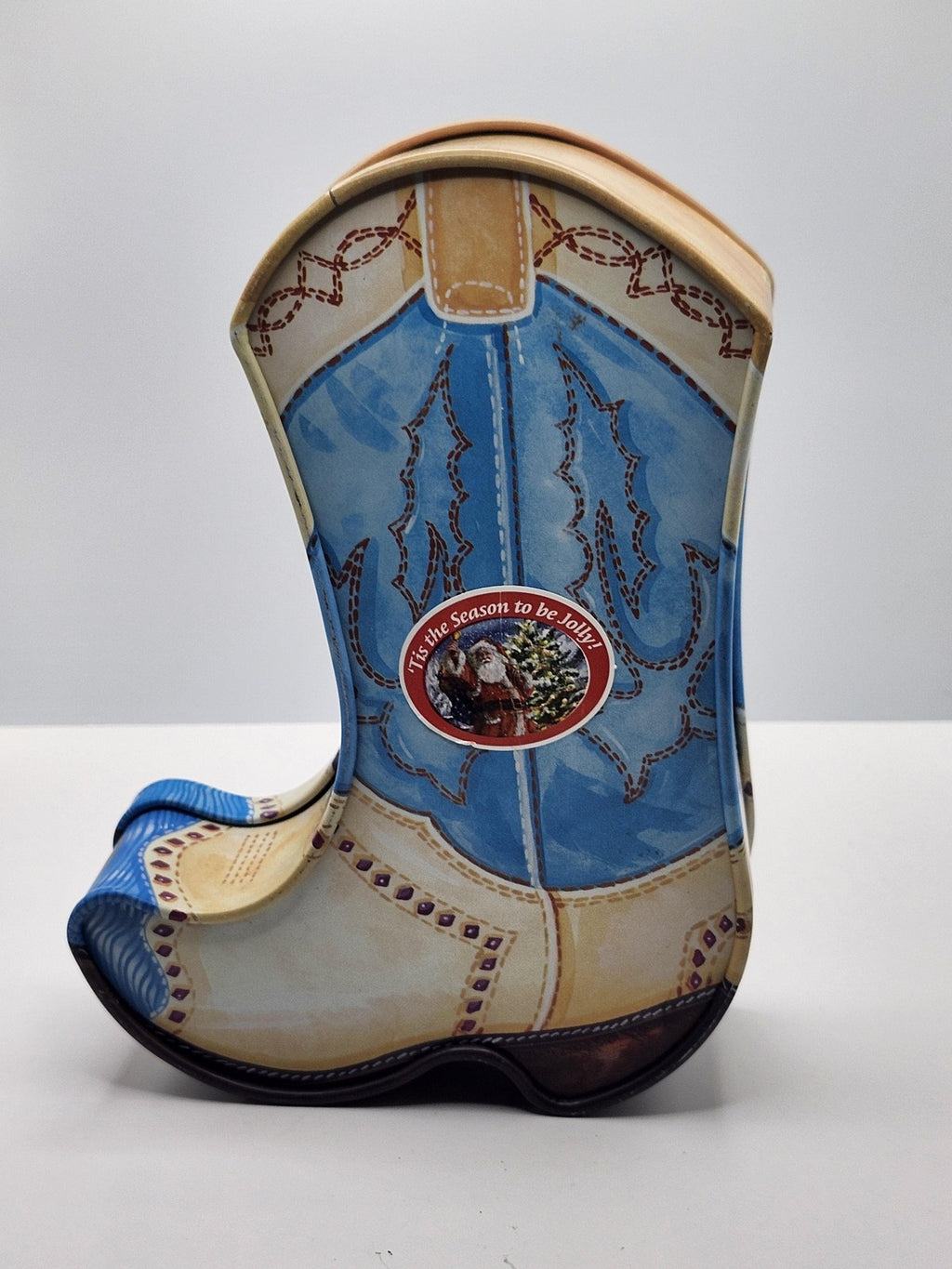 Cowboy Boot Tin Box Medium Blue Teddy Bear Western Christmas Holiday Gift Decor