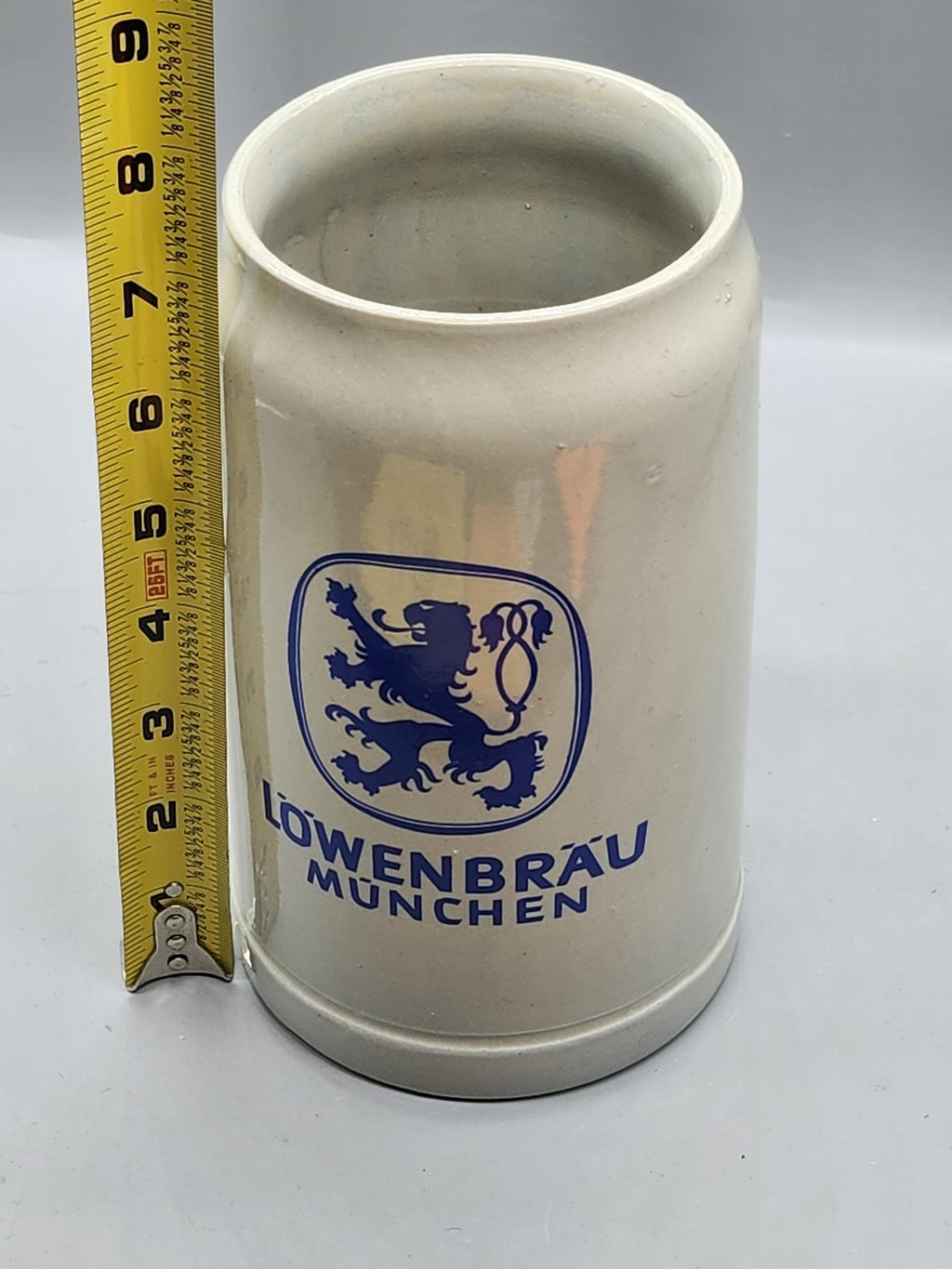 Vintage Lowenbrau Munchen Beer Mug 1L Gray Blue Stoneware Germany Breweriana