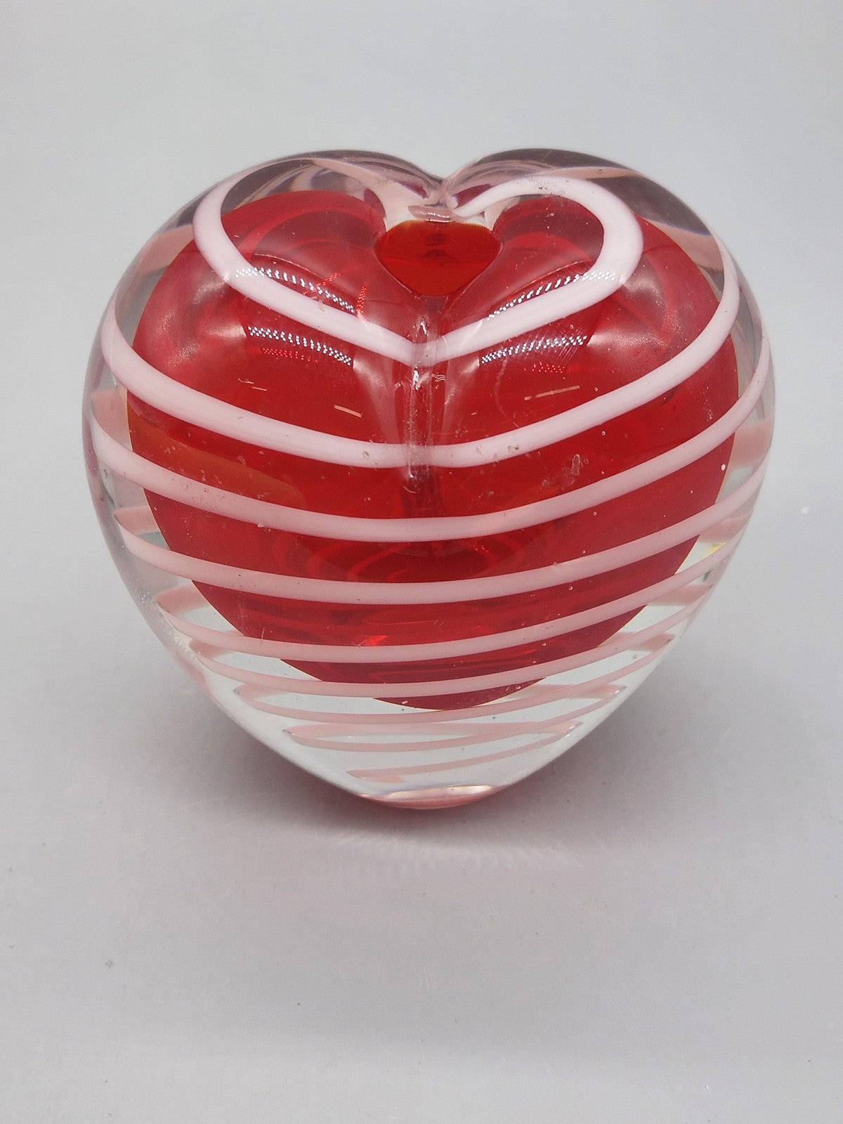 Unmarked Red Art Glass Heart Paperweight White Swirl Pen Holder Desk Decor