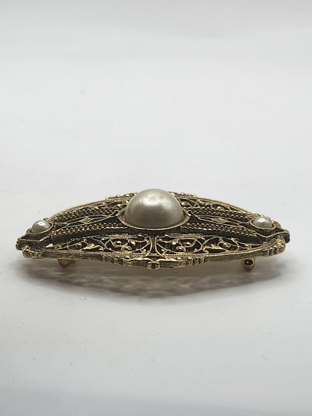 Vintage Made In France Filigree Brooch Pin Gold Tone Faux Pearl Floral Jewelry