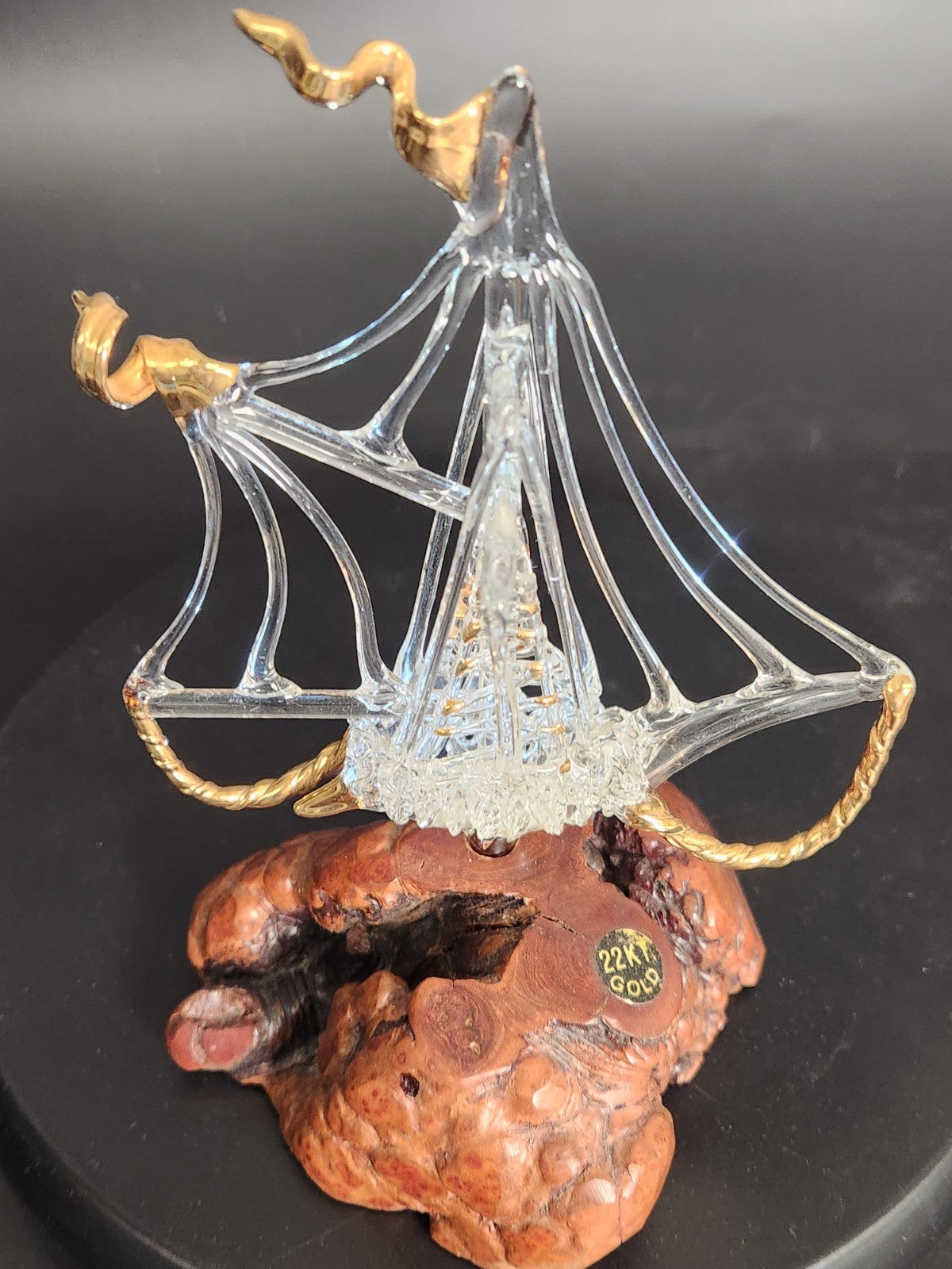 Vintage Hand Blown Art Glass Sailboat Sculpture 22KT Gold Burl Wood Base MCM