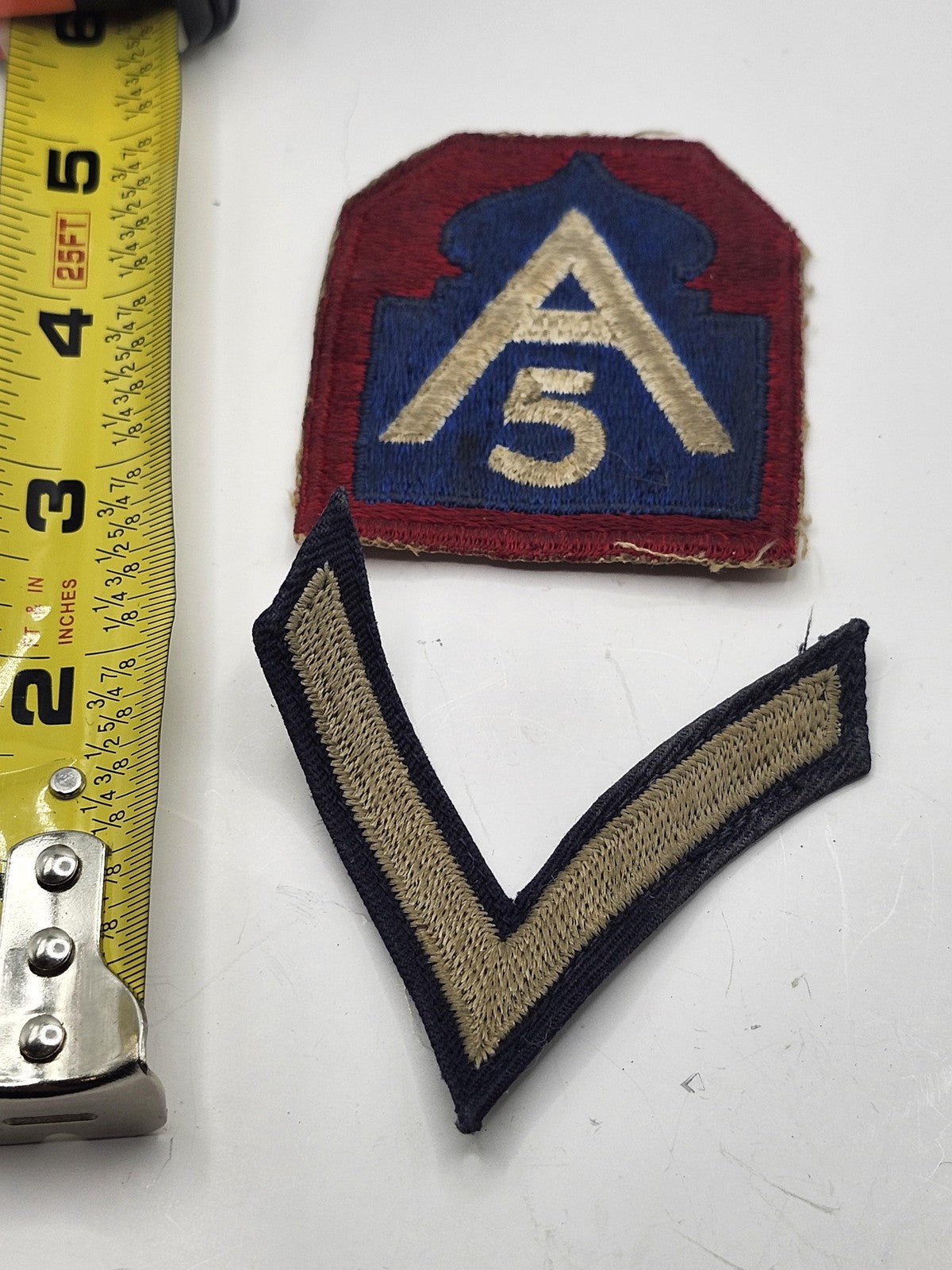 Vintage WW2 US Army 5th A Shoulder Patch Rank Chevron Lot 2 Red Blue Tan USA