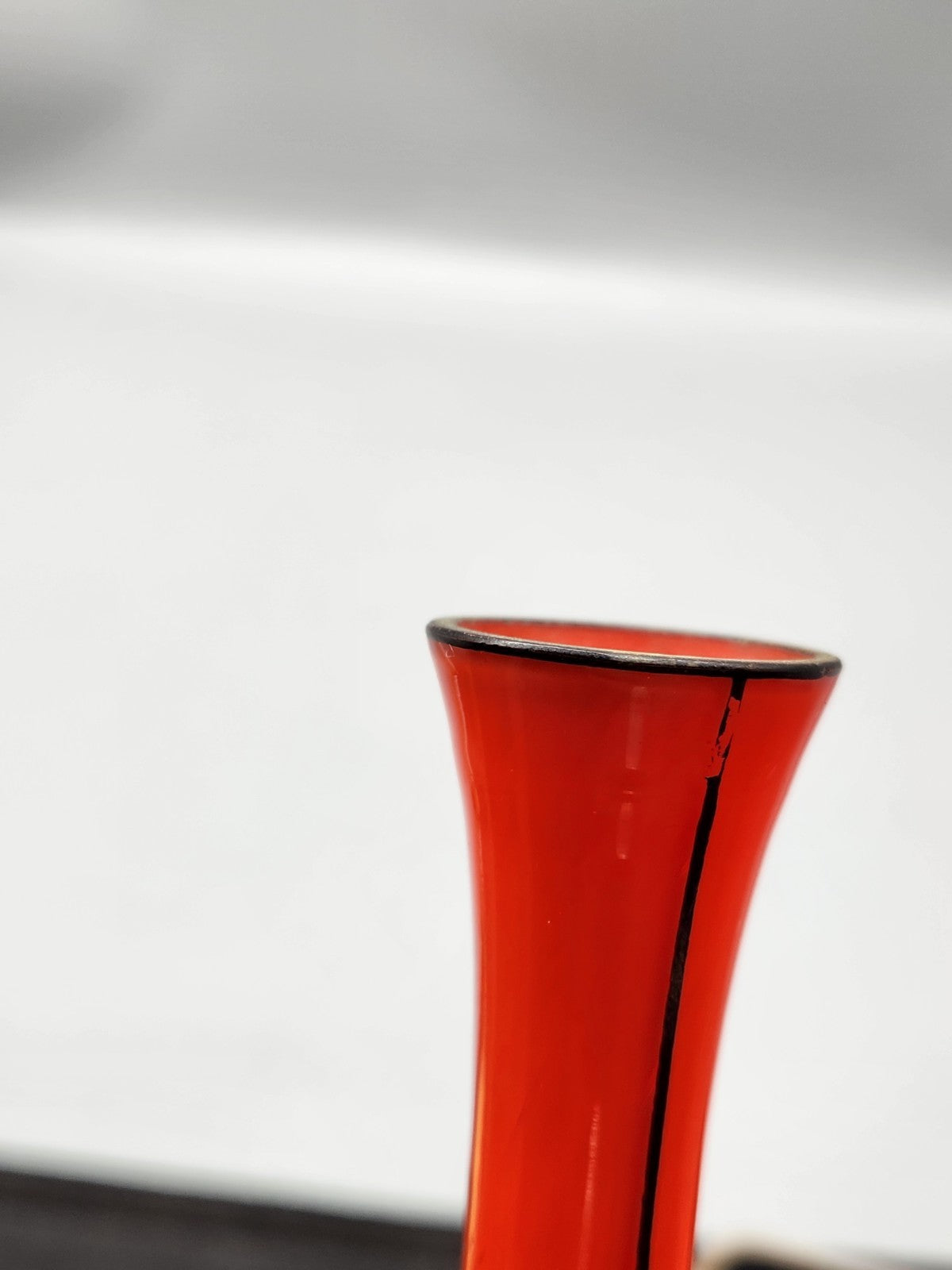 Vintage Czech Red Art Glass Bud Vase Hand Painted Floral 8” Bohemian Vase