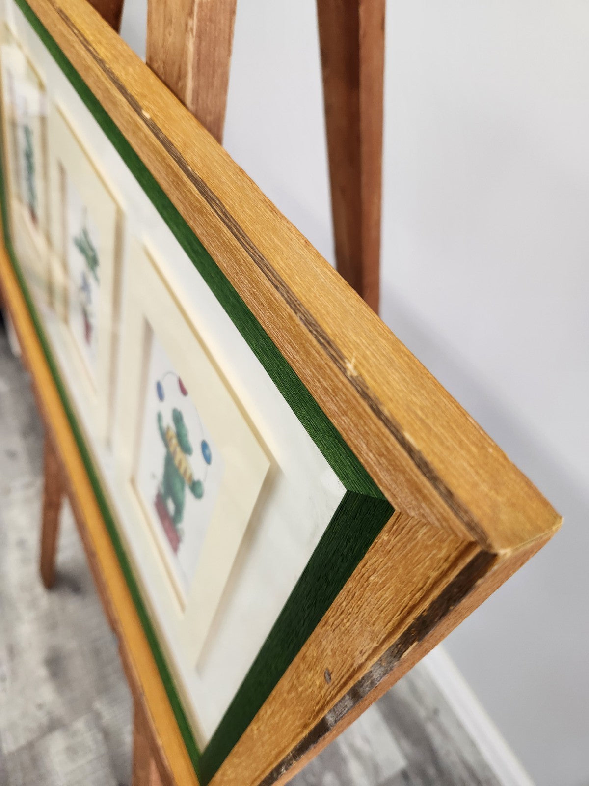 Vintage Ethan Allen Whimsical Topiary Wall Art Framed Triple Print 28x15 Signed 