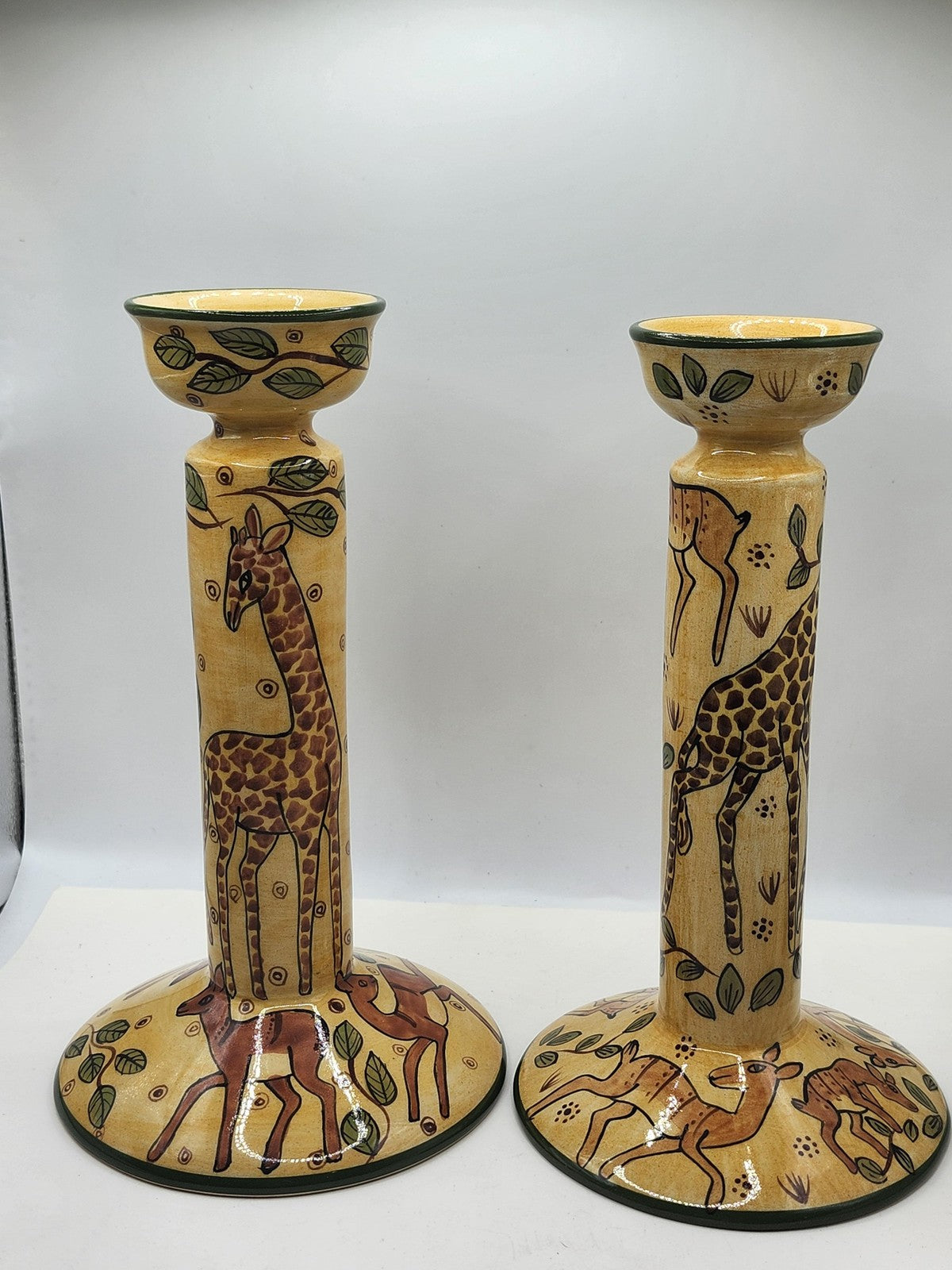 Vintage Handmade Giraffe Candlestick Holder Pair Beige Ceramic African Art Decor