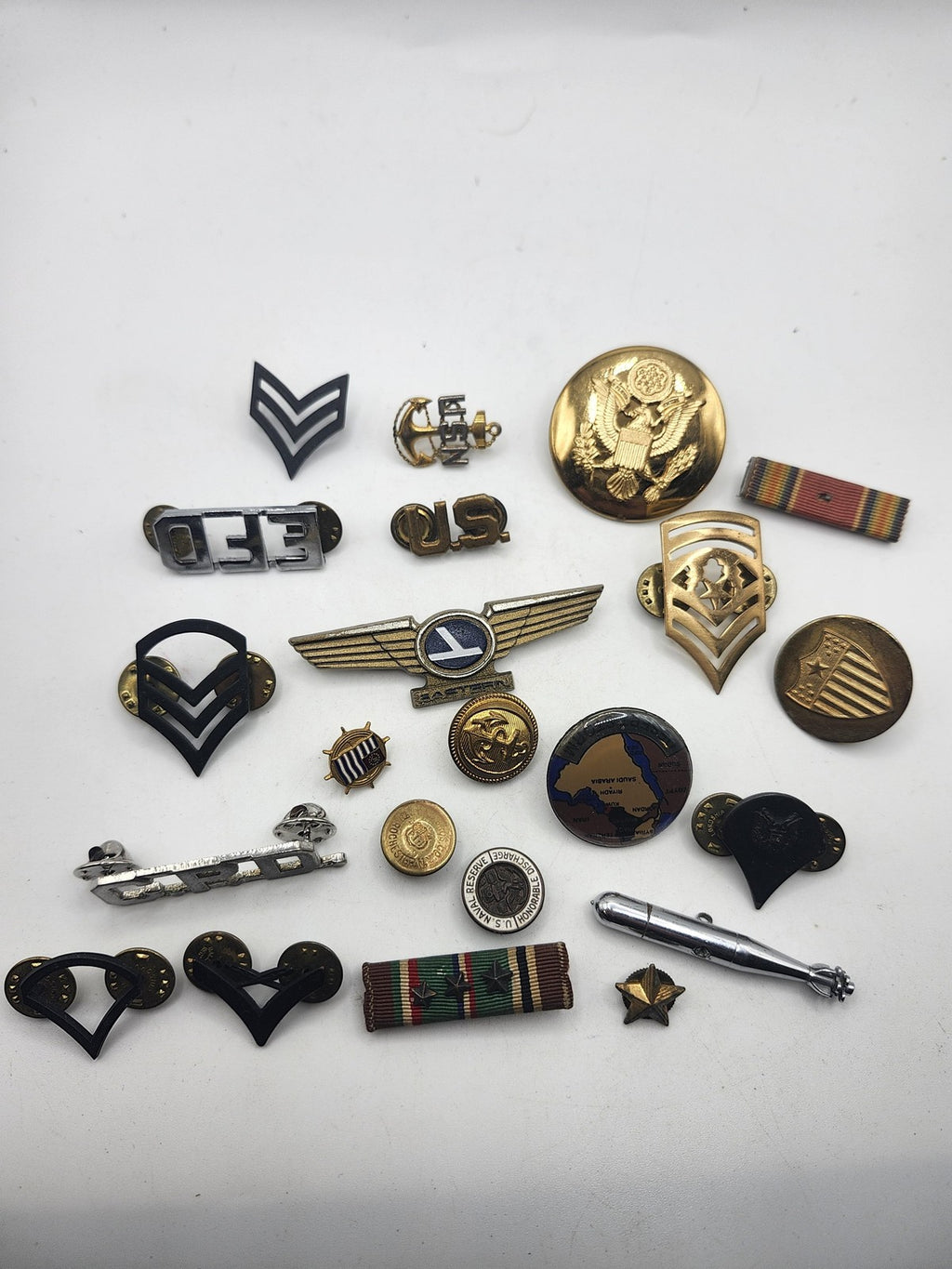 Vintage US Military Insignia Pins Buttons Ribbons Mixed Lot USA Collectible