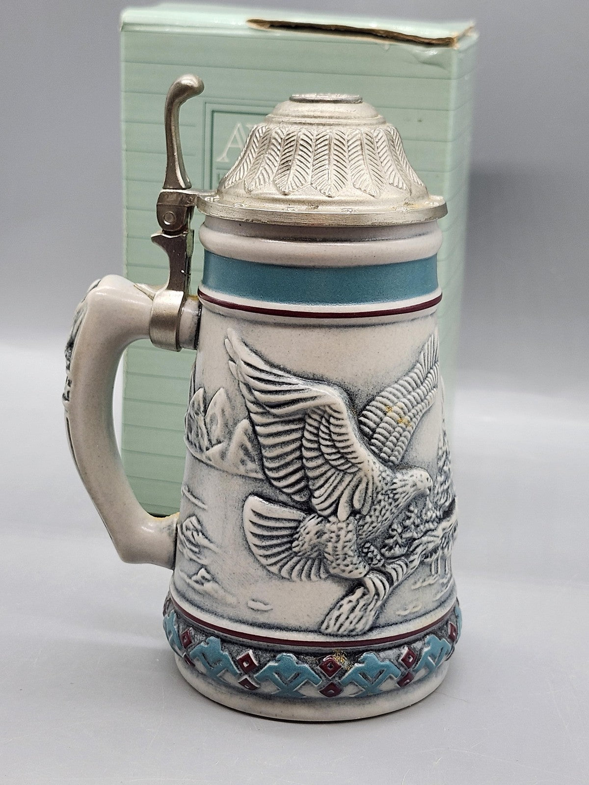 Vintage 1990 Avon Endangered Bald Eagle Lidded Stein White Brazil Wildlife Decor