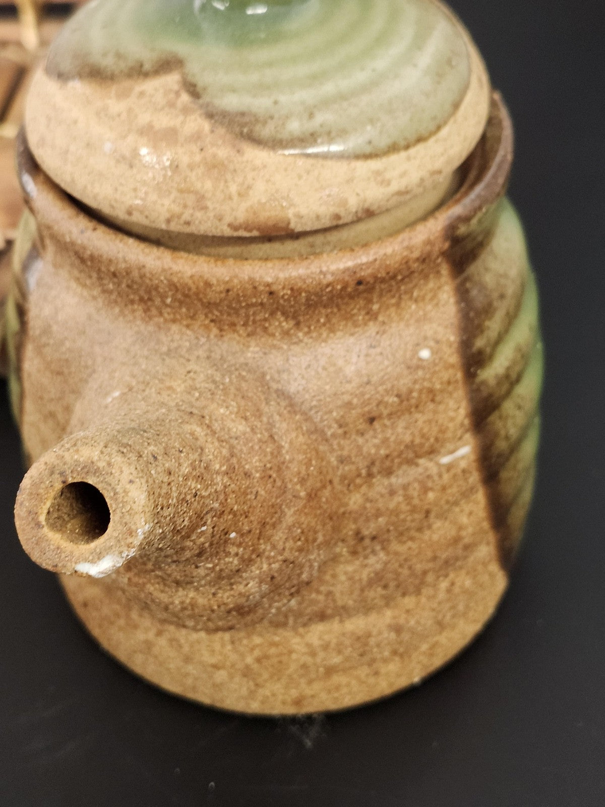 Stoneware Japanese Tea Set Brown Green Glaze Bamboo Tray Small Table Decor