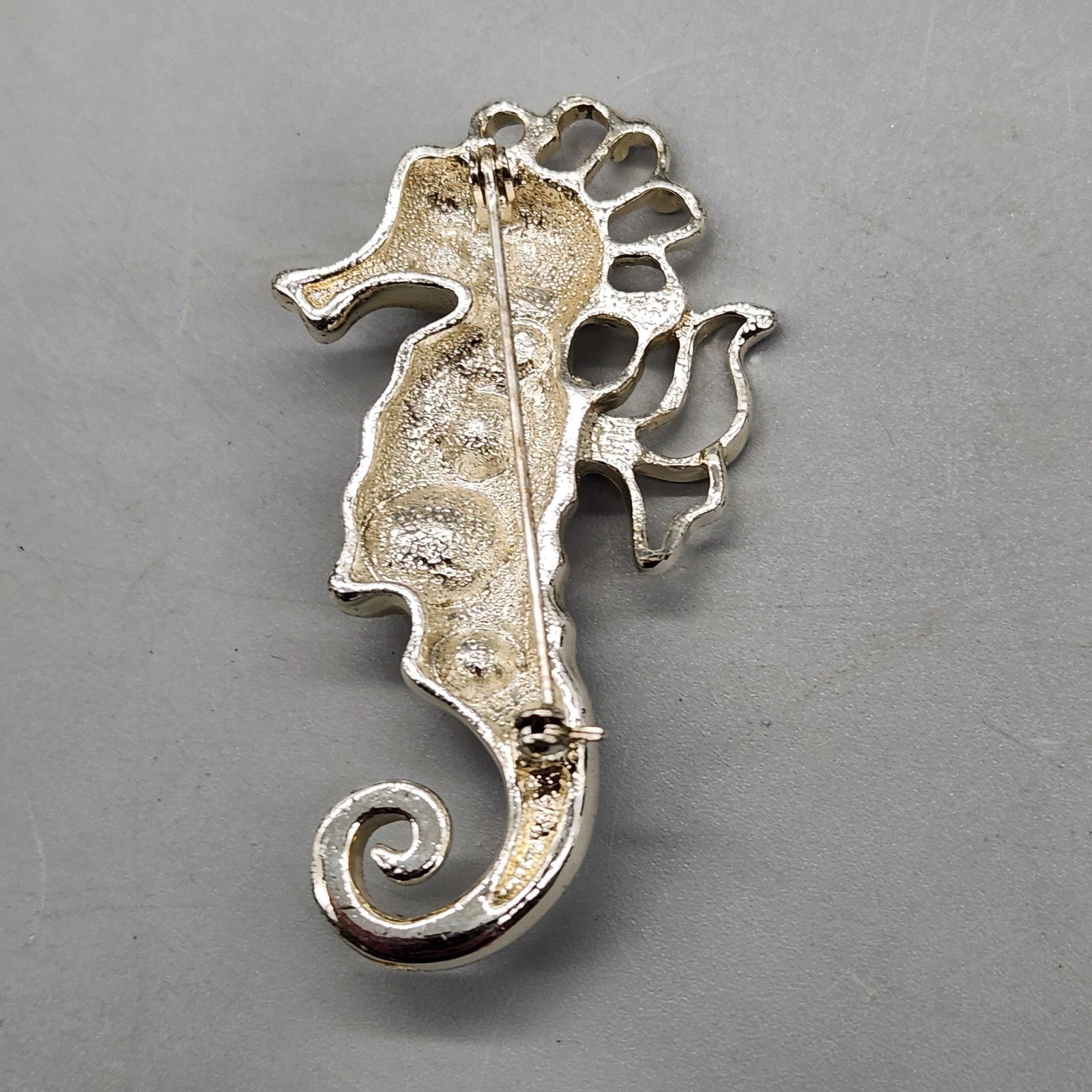 Seahorse Brooch Silver Tone Aqua Enamel Rhinestone Sea Life Pin Jewelry Gift