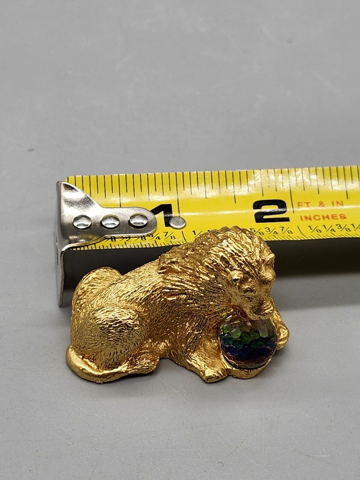 Vintage Lion Figurine Small Gold Tone Crystal Ball Mixed Materials Mini Decor
