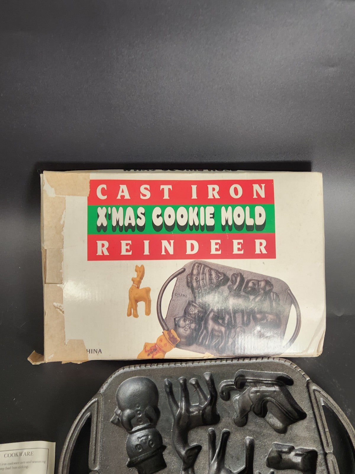 Vintage Cast Iron Christmas Cookie Mold Reindeer Snowman Tree Sleigh With Box