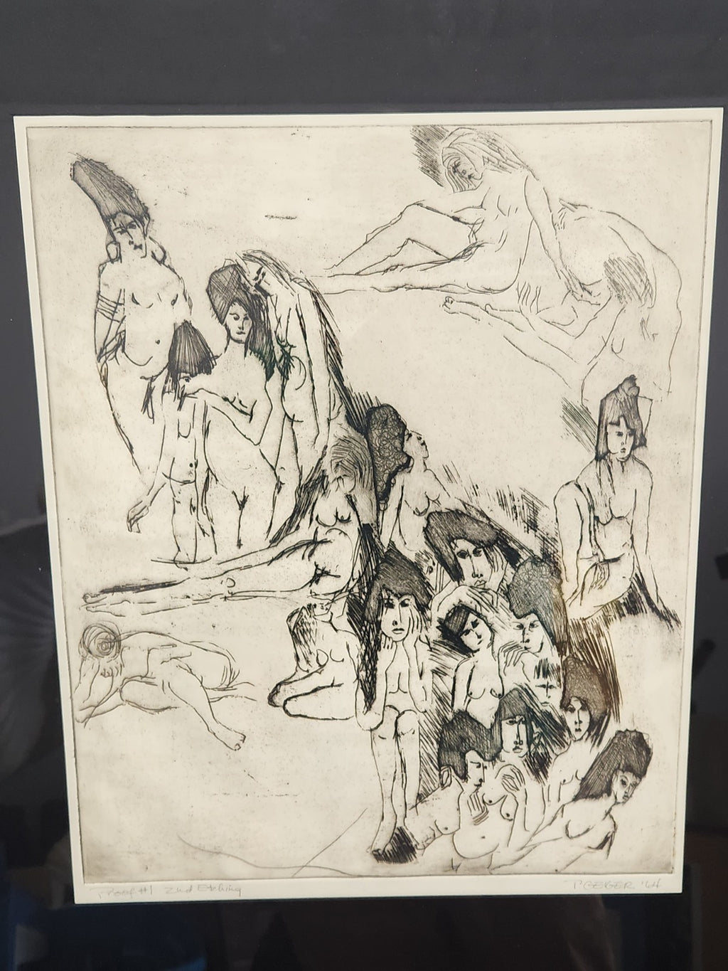 Original 1964 Proof Etching Signed T Geiger Nude Figure Mid Century Modern Art