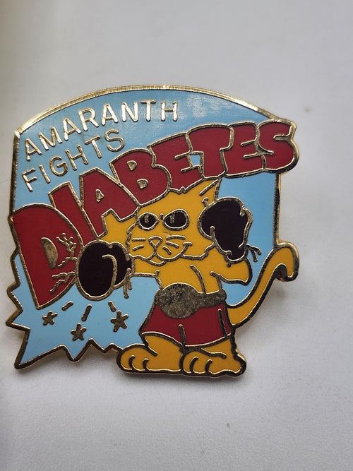 Amaranth Fights Diabetes Cat Lapel Pin Enamel Boxing Gloves Gold Tone Awareness