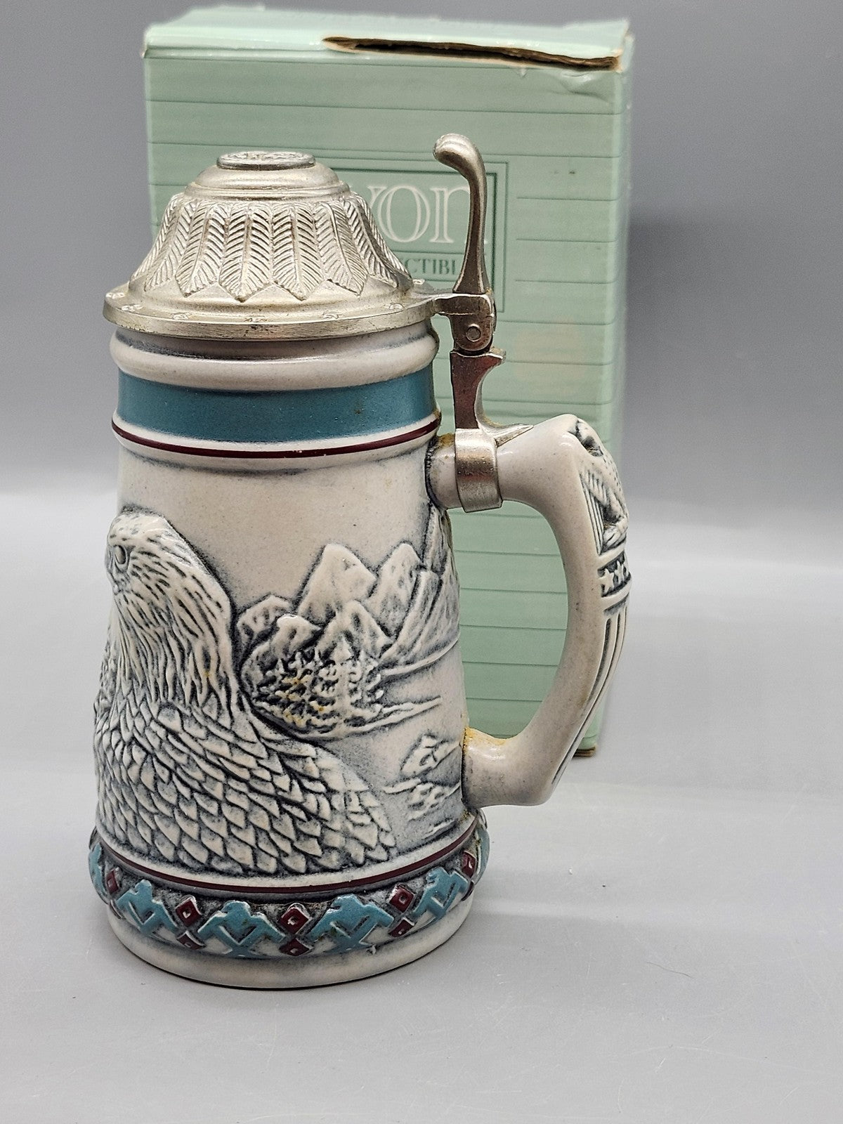 Vintage 1990 Avon Endangered Bald Eagle Lidded Stein White Brazil Wildlife Decor