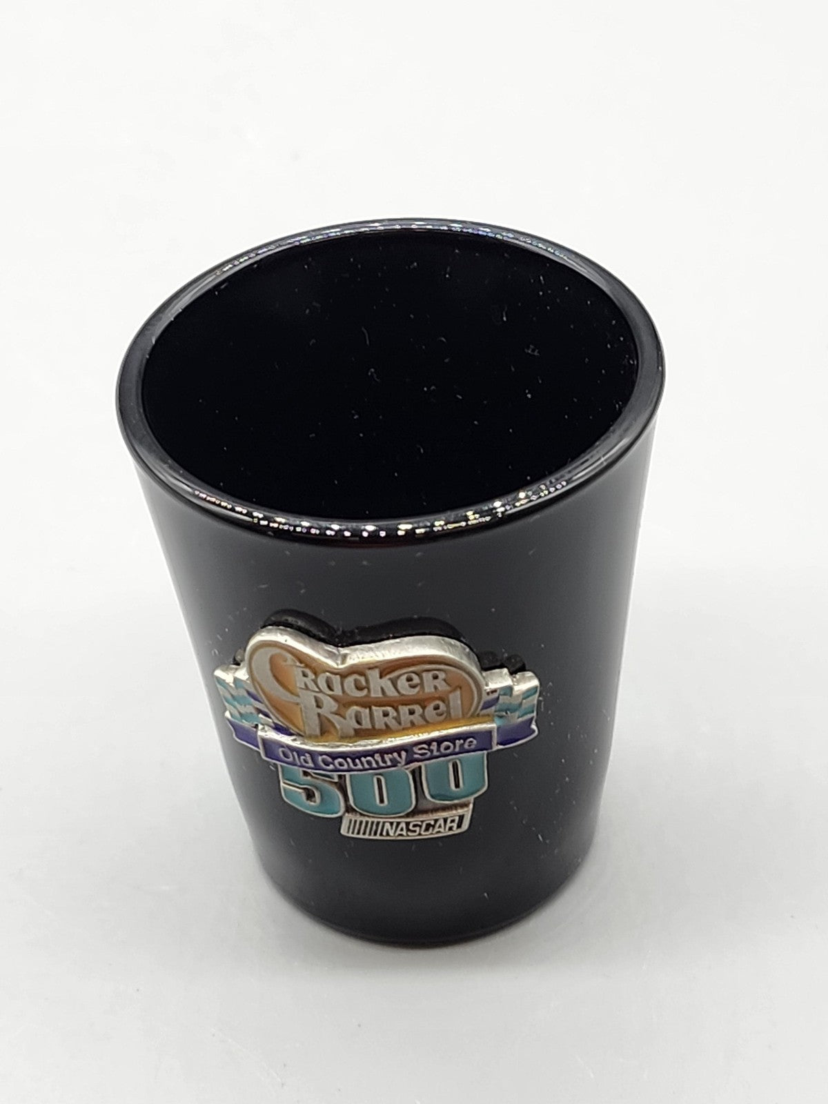 Vintage Cracker Barrel Black Glass Shot Glass 500 NASCAR Logo Souvenir Decor