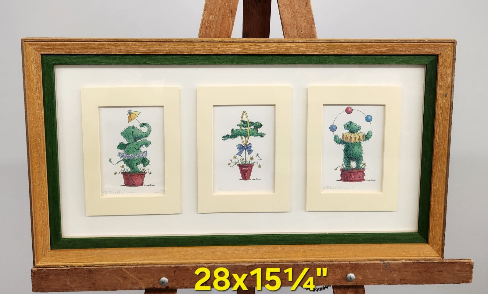 Vintage Ethan Allen Whimsical Topiary Wall Art Framed Triple Print 28x15 Signed 