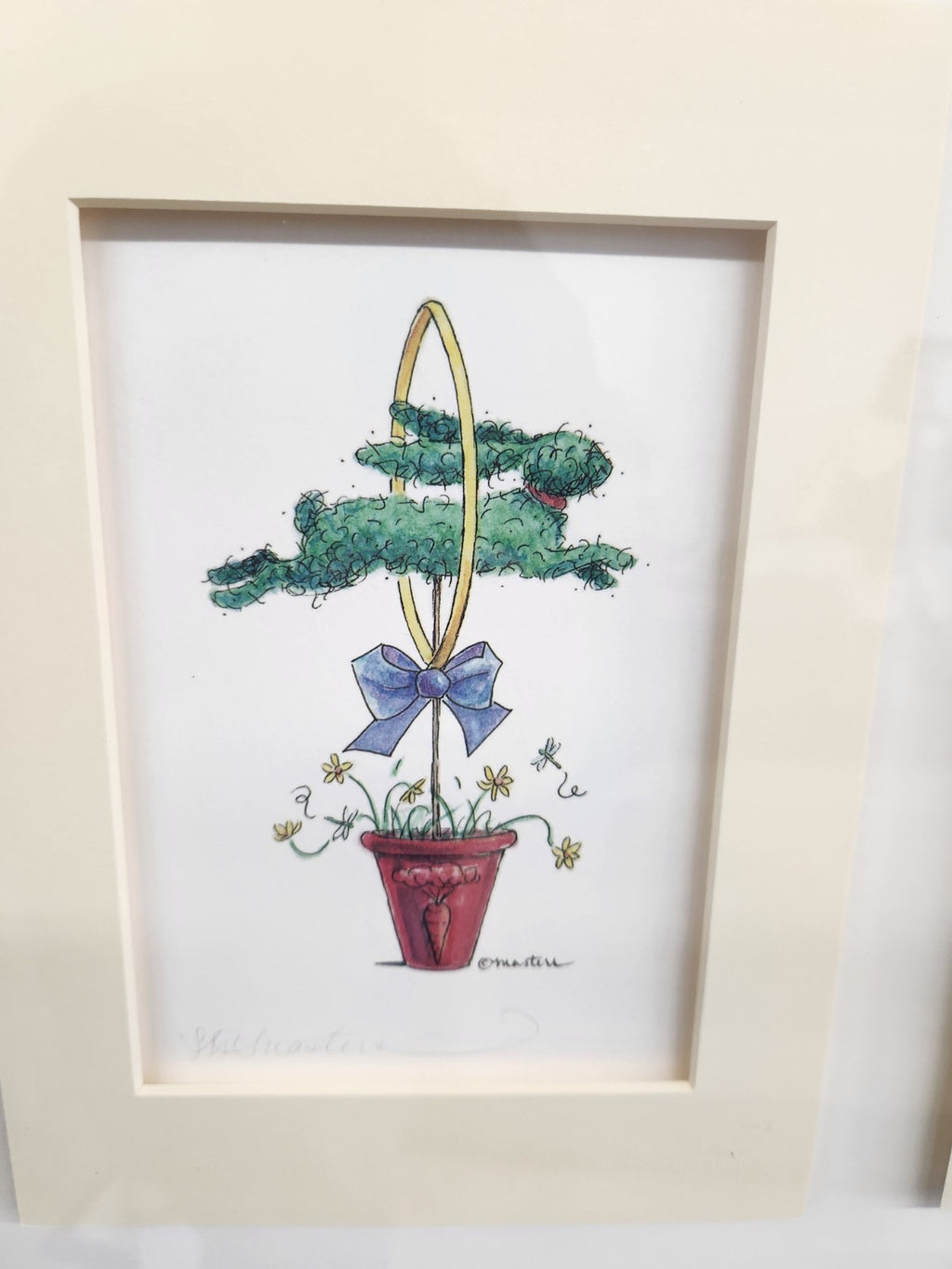 Vintage Ethan Allen Whimsical Topiary Wall Art Framed Triple Print 28x15 Signed 