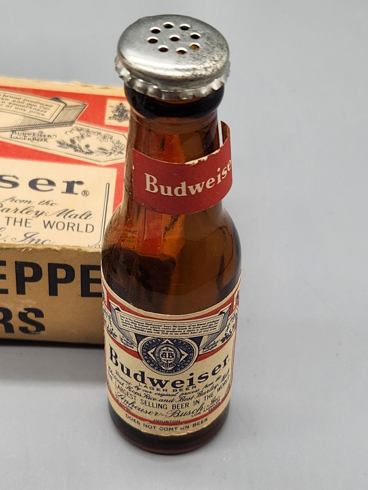 Vintage Budweiser Salt Pepper Shakers Lot 2 Brown Glass Bottle Decor Breweriana