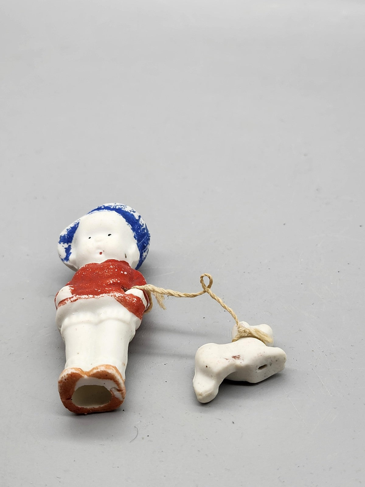 Vintage Child With Dog Porcelain Figurine Small Red Blue Hand Painted Decor