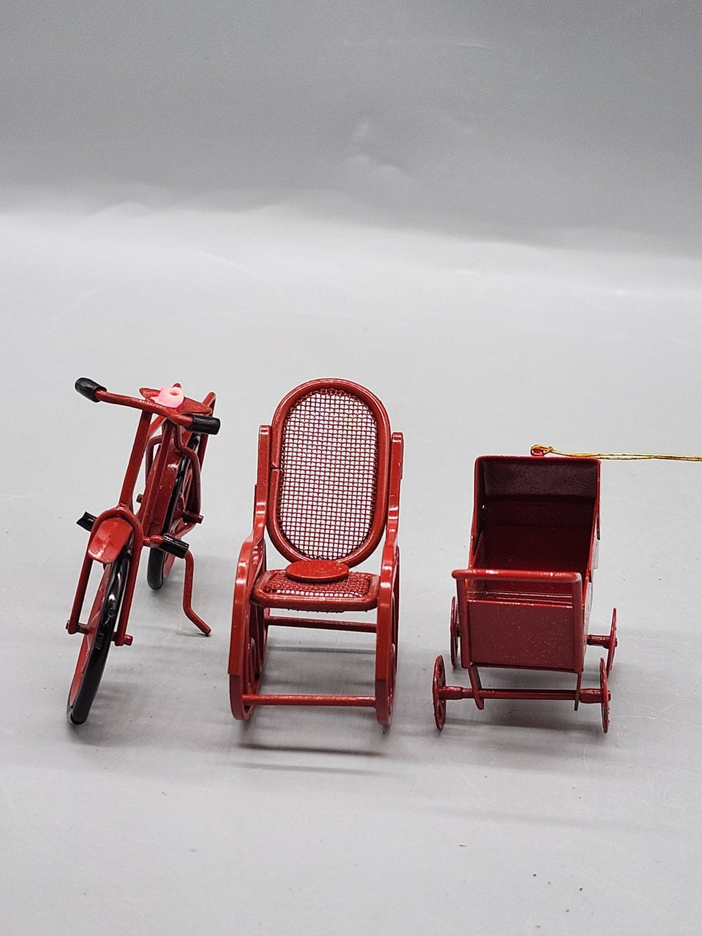 Miniature Red Metal Bicycle Rocking Chair Baby Carriage Toy Lot Dollhouse Decor