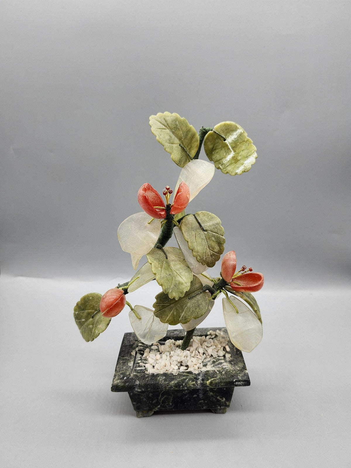 Vintage Gemstone Bonsai Tree Sculpture Small Green Stone Floral Asian Decor