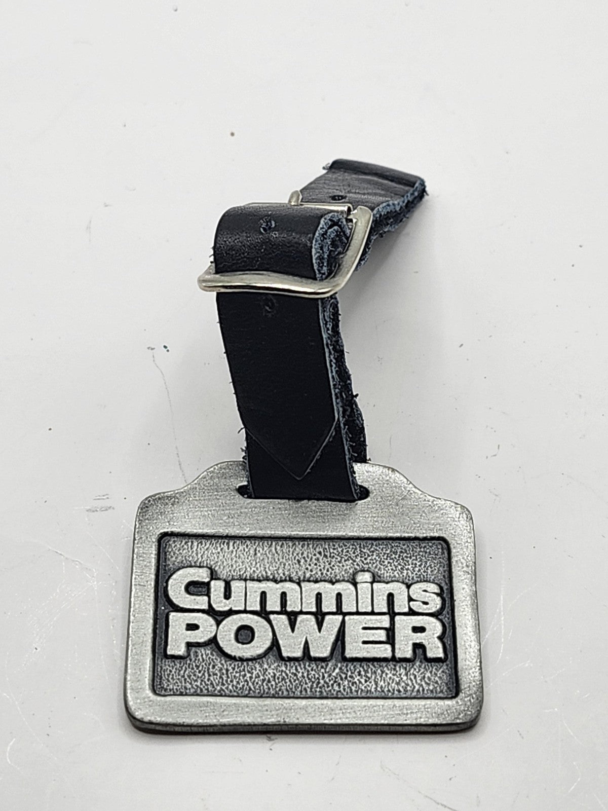 Cummins Power Pewter Keychain Key Fob Black Leather Strap Silver Tone Decor