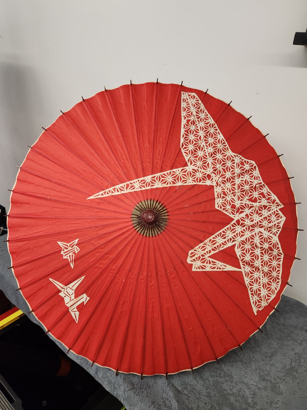 Vintage Japanese Red Paper Parasol Umbrella Origami Crane Bamboo Wagasa 32”