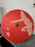 Vintage Japanese Red Paper Parasol Umbrella Origami Crane Bamboo Wagasa 32”
