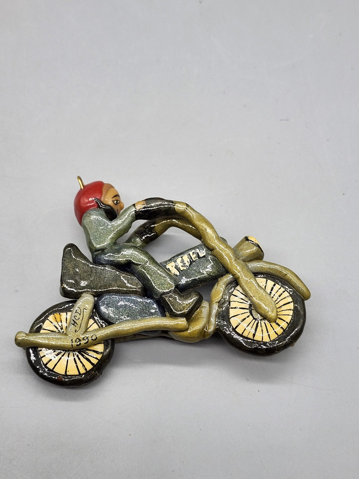 Vintage Rebel Motorcycle Rider Ornament Small Multicolor Ceramic Biker Decor