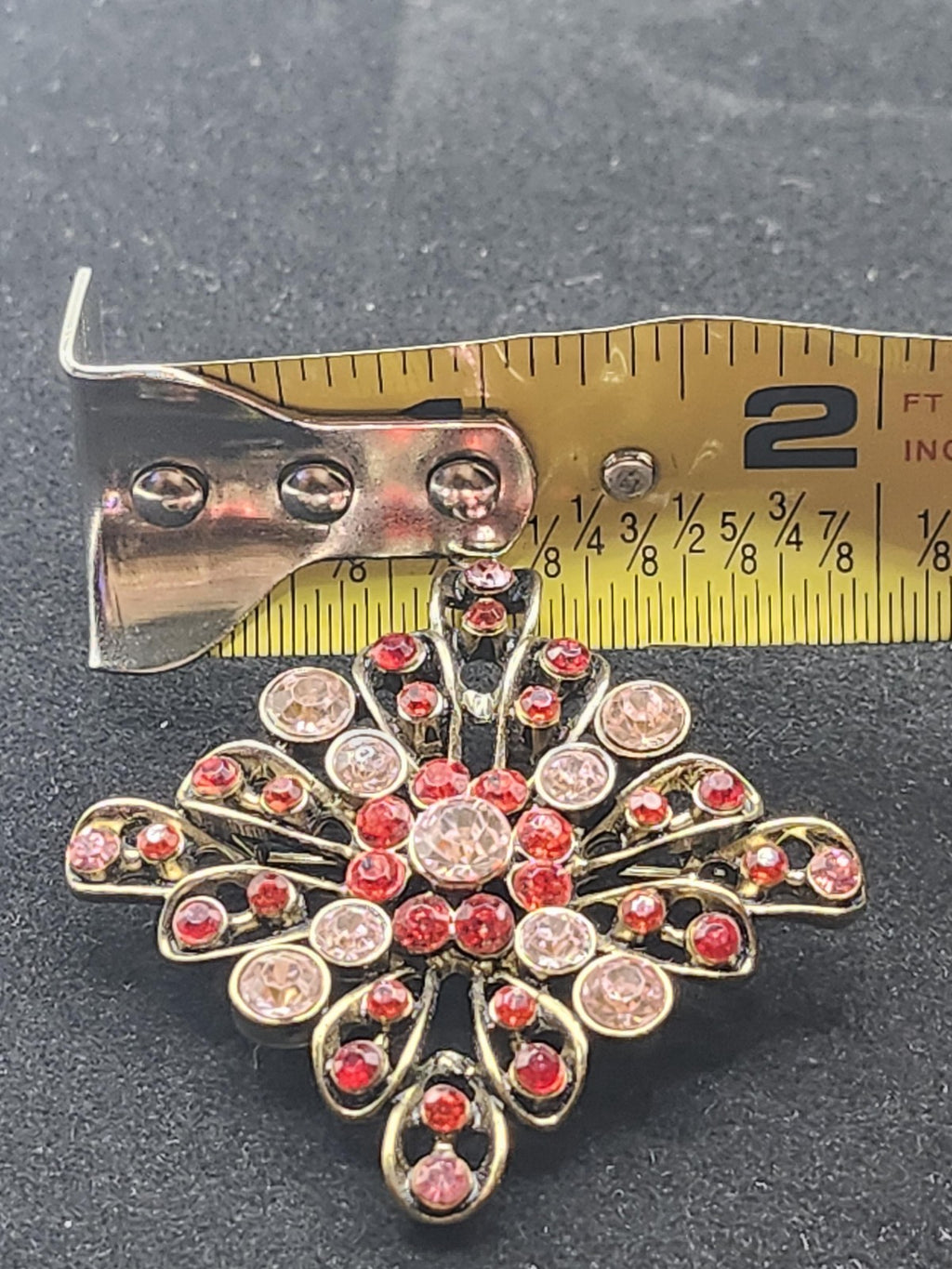 Gold Tone Pink Rhinestone Flower Brooch Pin Openwork Costume Jewelry Gift