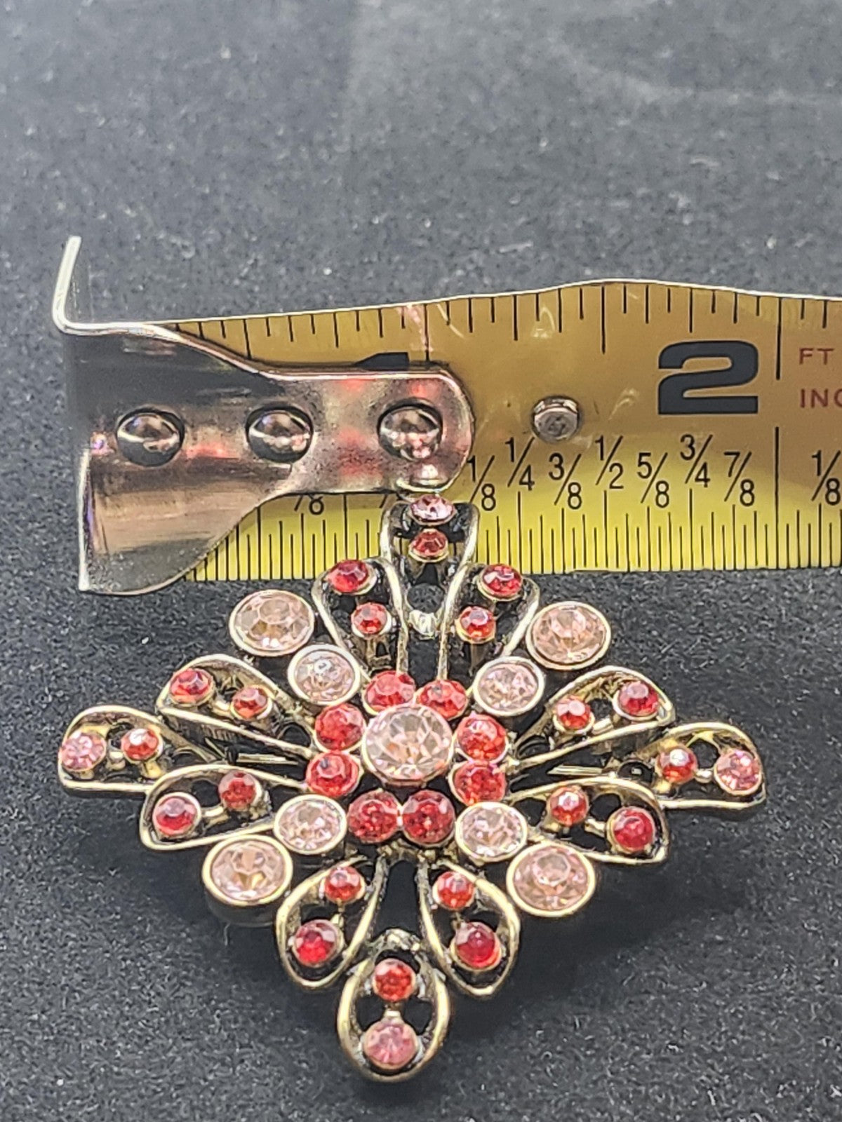 Gold Tone Pink Rhinestone Flower Brooch Pin Openwork Costume Jewelry Gift