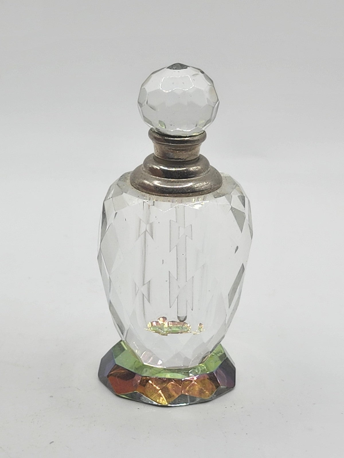 Vintage Clear Cut Glass Perfume Bottle Faceted Stopper Rainbow Base Vanity Decor