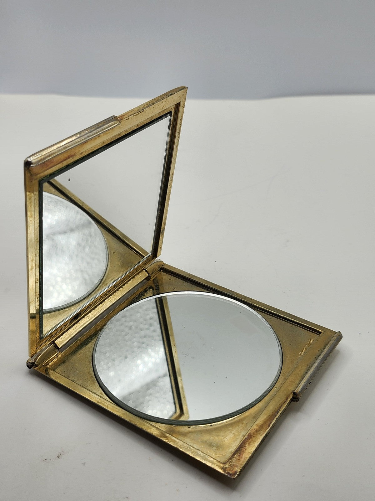 Vintage Square Compact Mirror Gold Tone Metal Double Folding Vanity Case Decor