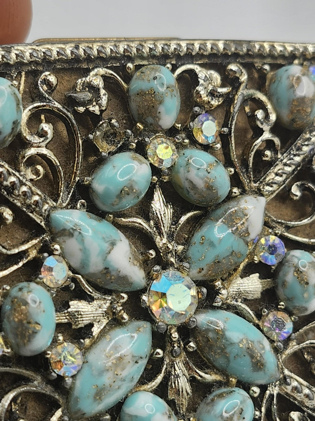 Vintage S F Co 5th Avenue Jeweled Powder Compact Turquoise Rhinestones Metal