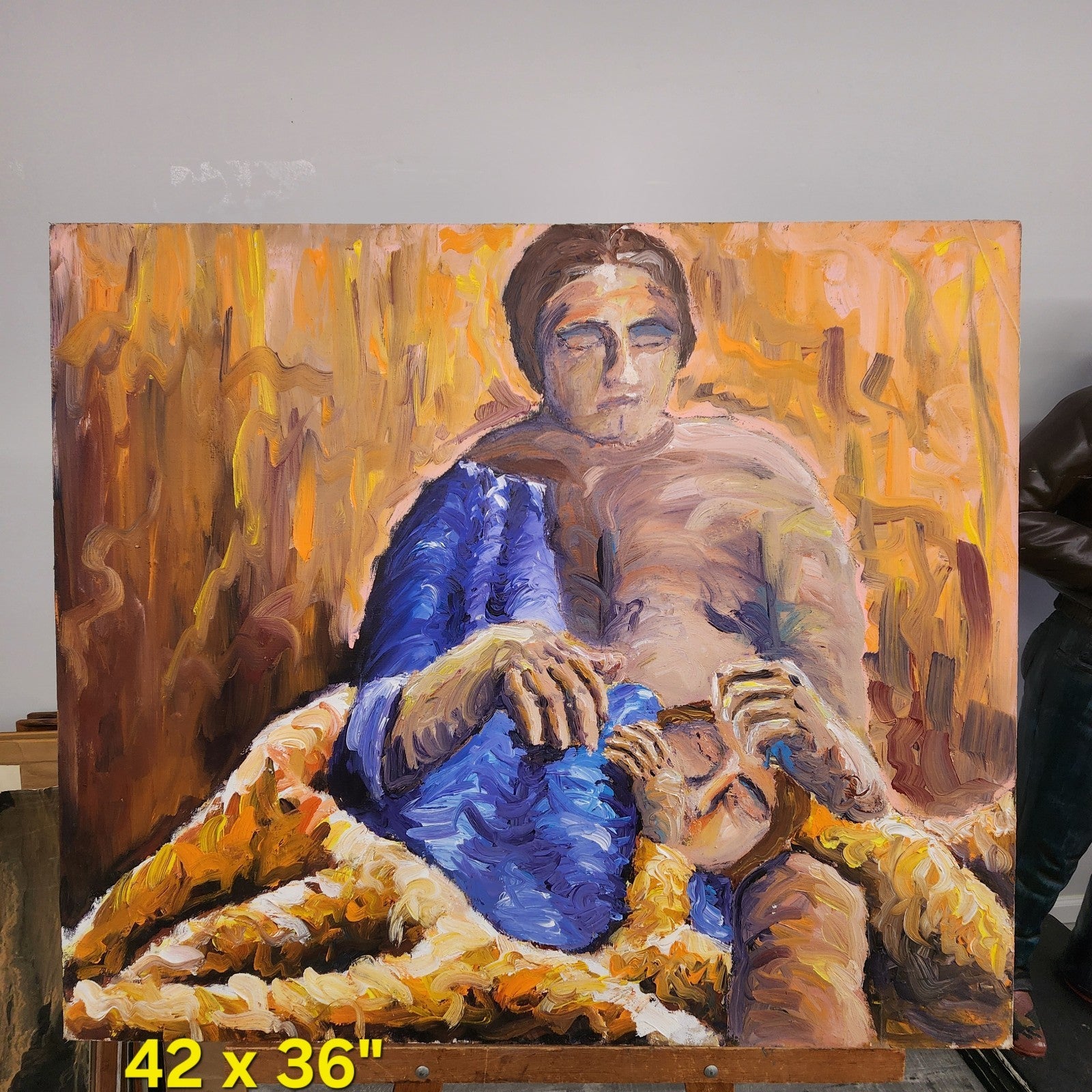 Large Vintage Expressionist Mother & Child Oil Painting On Canvas 42” x 36”