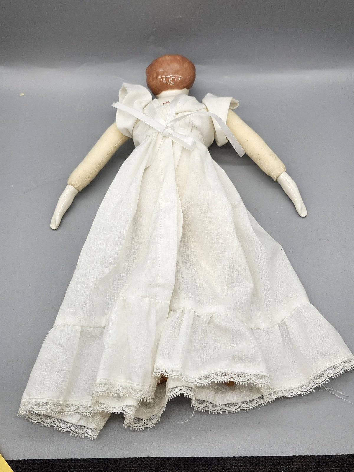 Vintage Porcelain Cloth Body Girl Doll 13 In White Dress Red Hair Signed