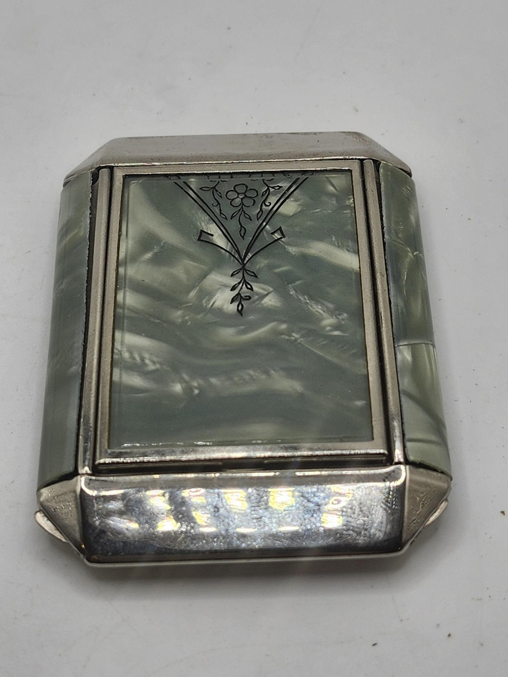 Vintage Zell Green Marbled Compact Face Powder Rouge Mirror Art Deco Case Vanity